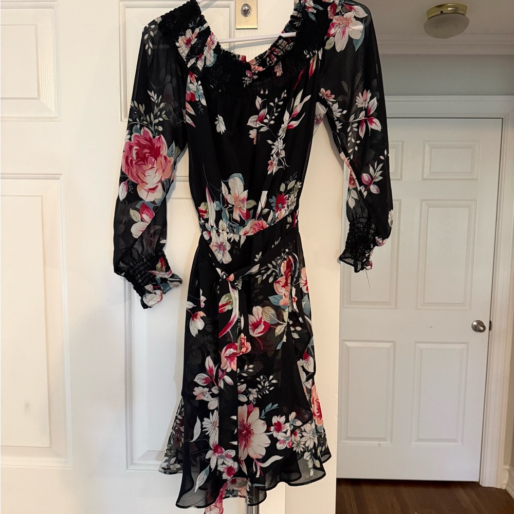 Aqua Black Floral Long-Sleeve Midi Dress with Pink Accents